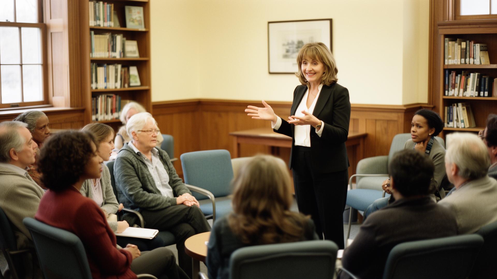 Sheri leading a small community library workshop, gesturing softly while a few adults listen attentively