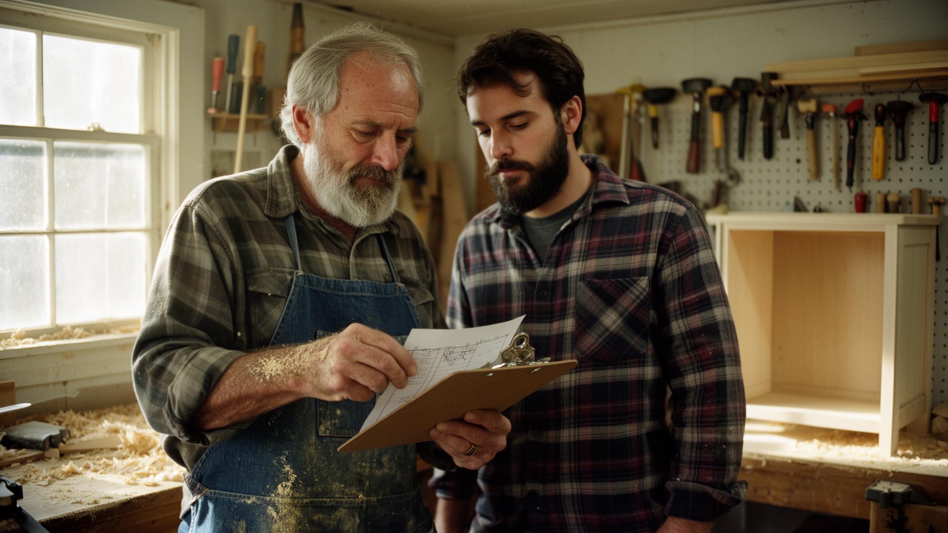 A father and son in a small family workshop, looking over plans together