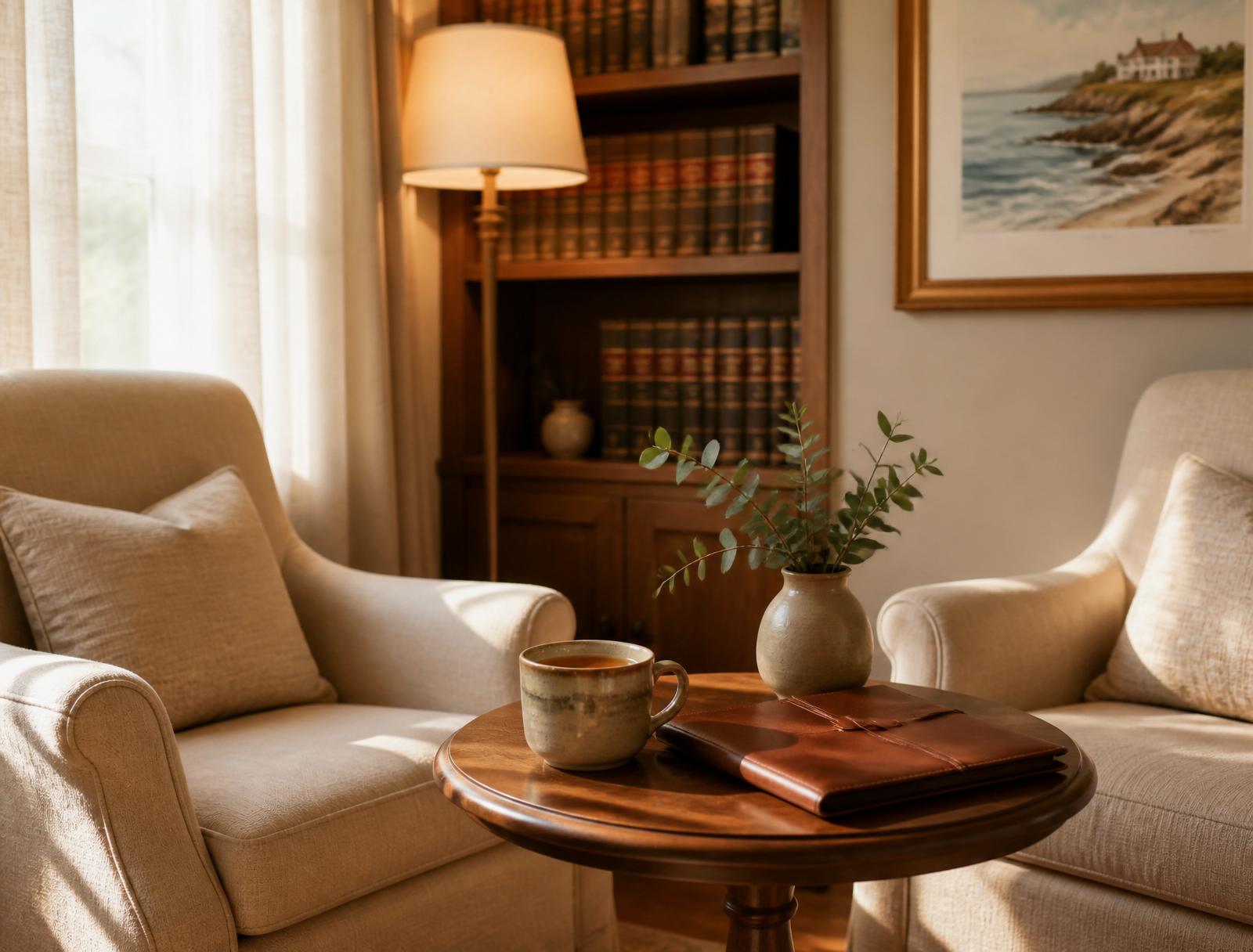 A welcoming sunlit consultation nook with two soft armchairs, a warm floor lamp, and a small wooden side table