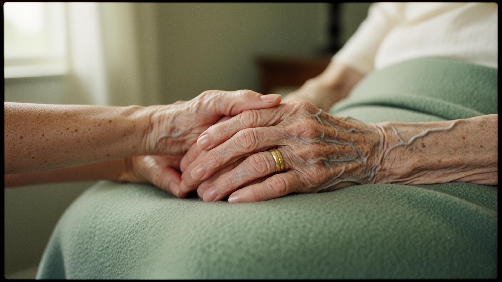 An elderly mother's hand gently held by her adult daughter