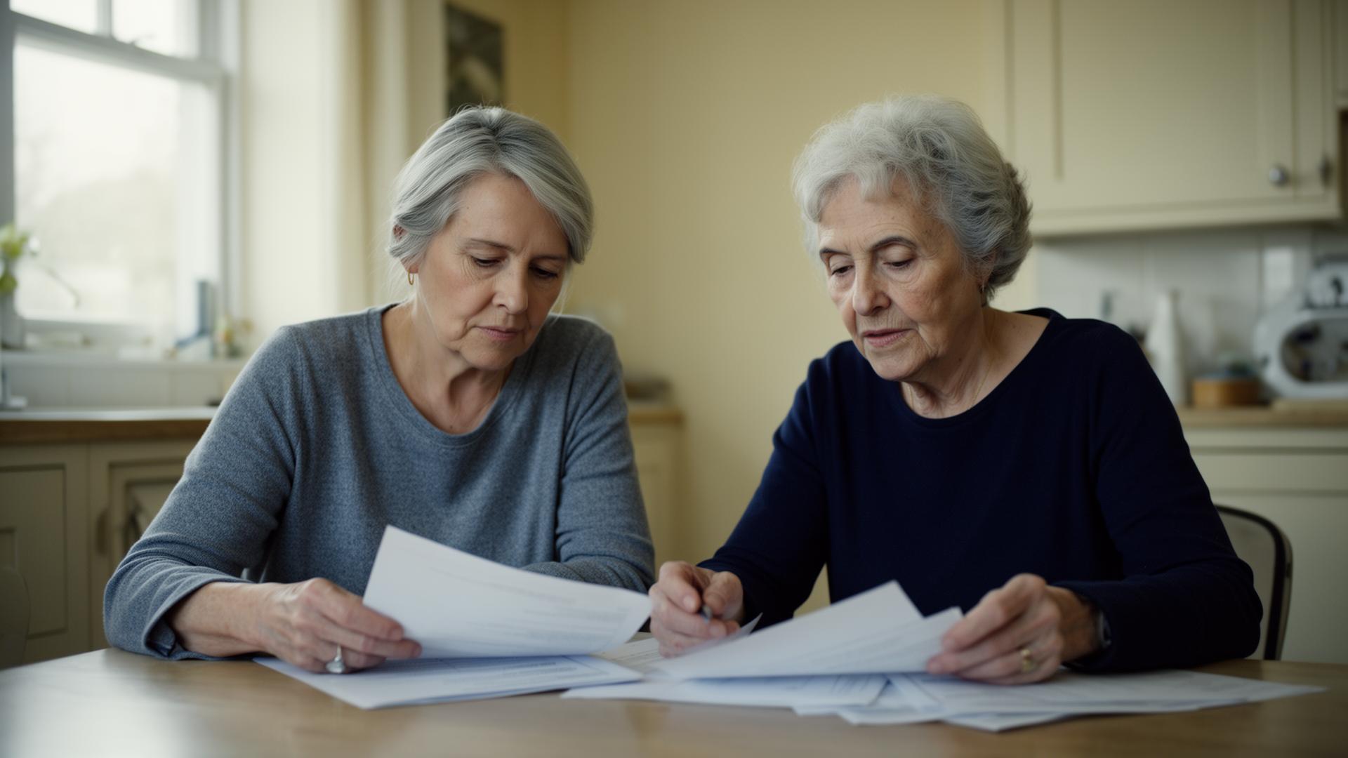 An elderly couple reviewing paperwork together at their kitchen table
