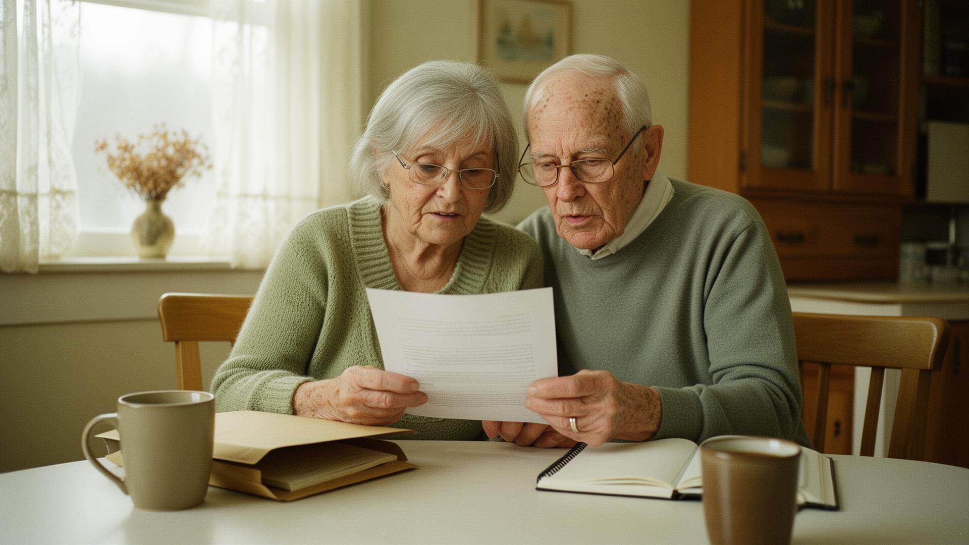 An elderly couple reviewing paperwork together at their kitchen table