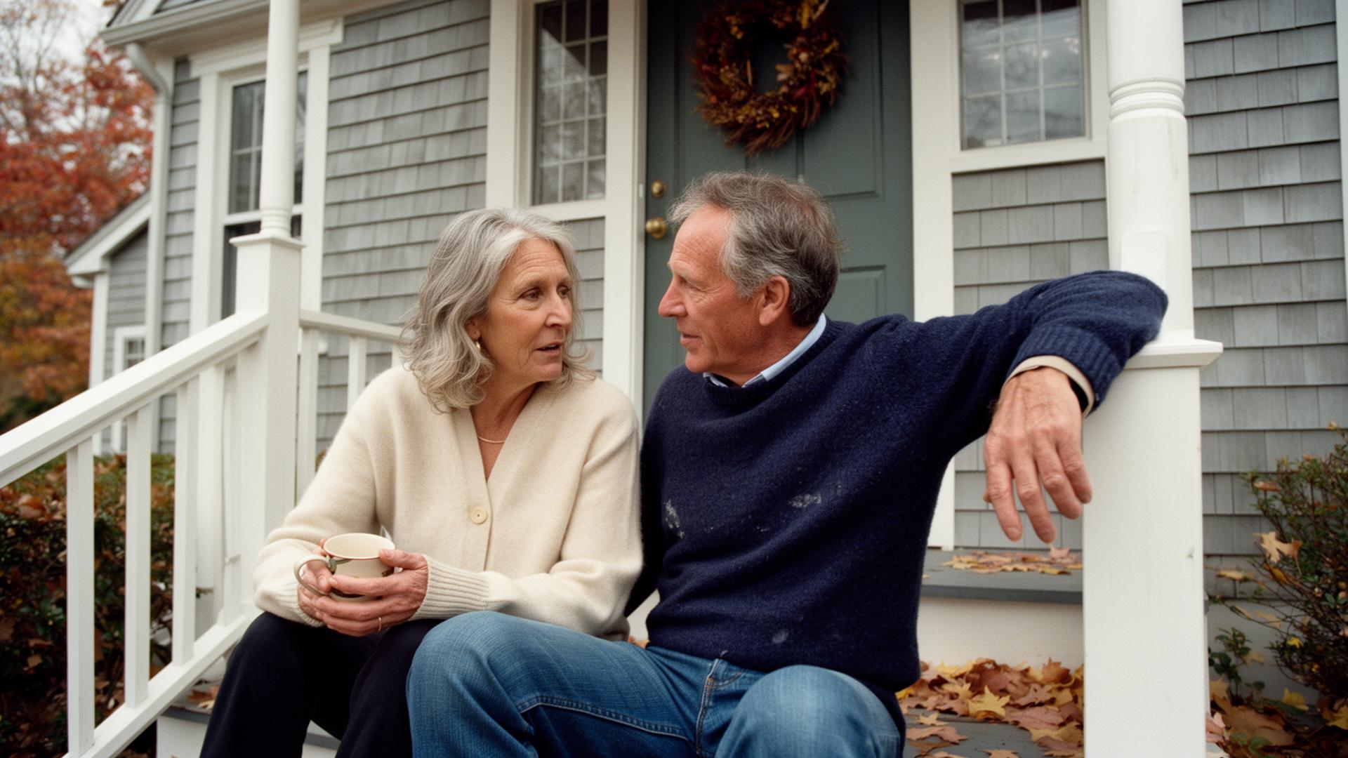 A long-married couple on the porch of their New England home