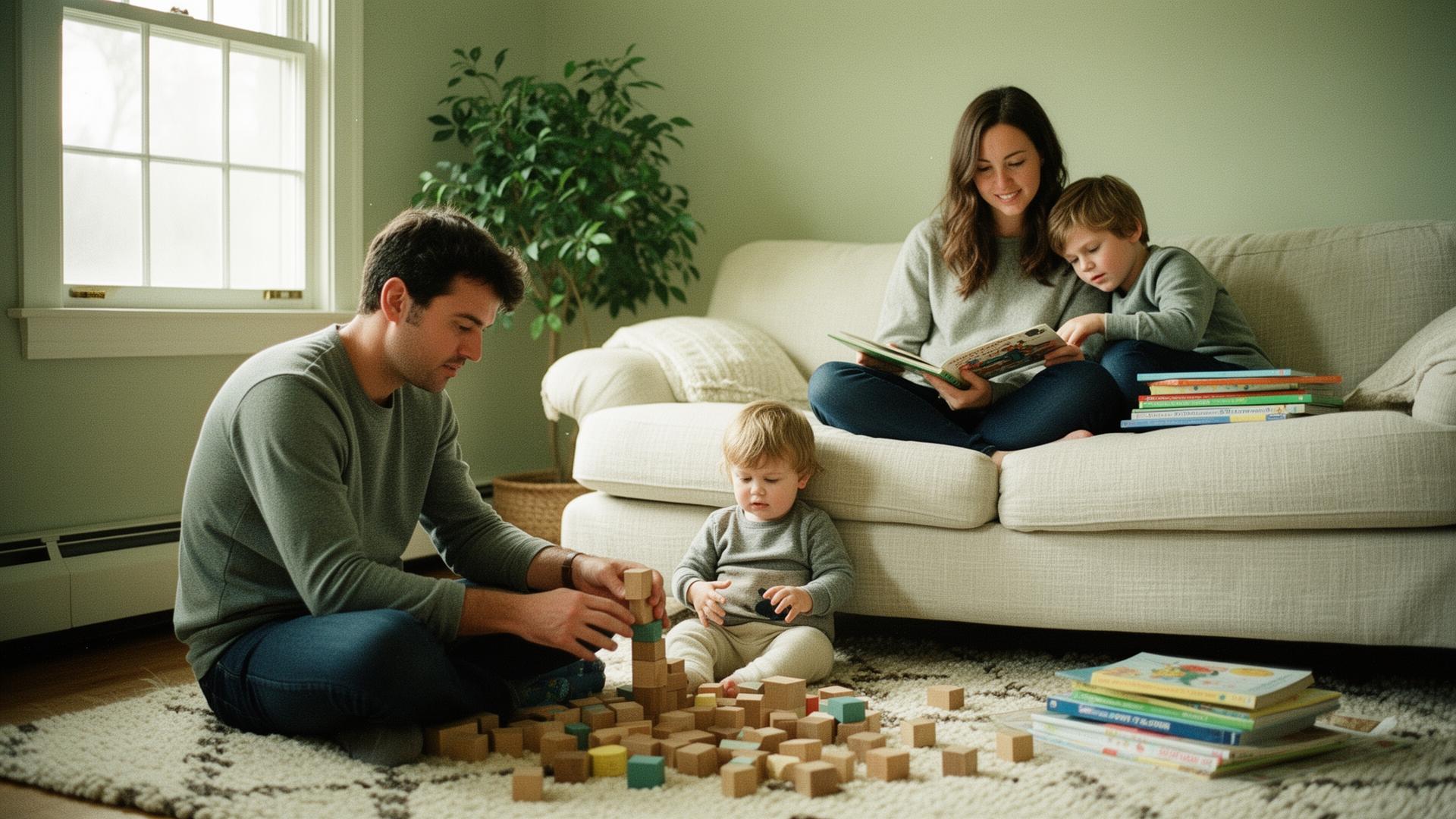 A young family in a sunlit living room, children playing nearby