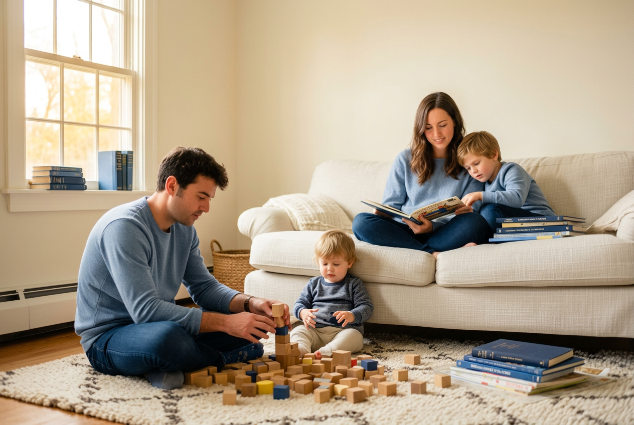 A young family in a sunlit living room, children playing nearby