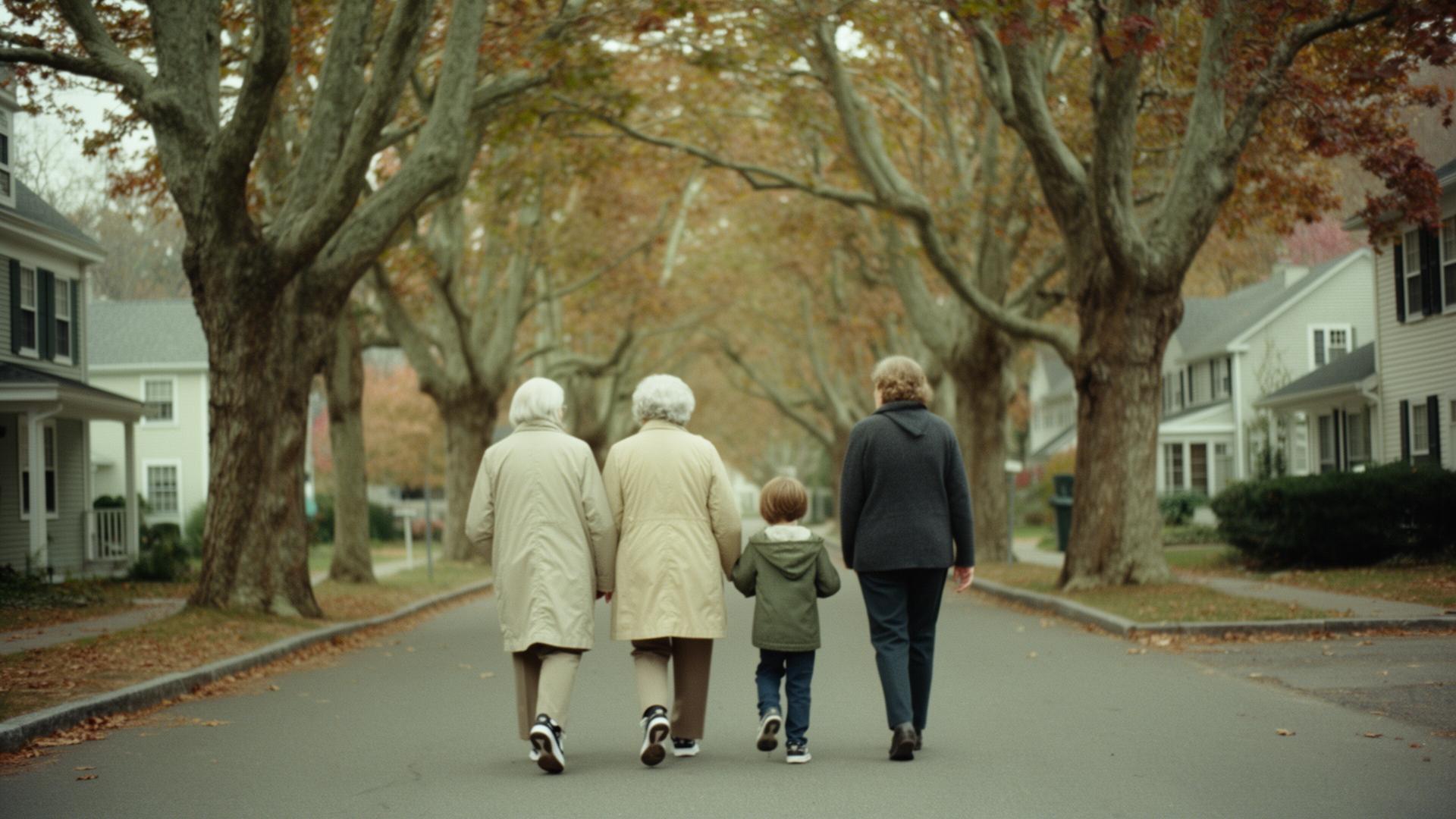 Three generations of a family walking together on a quiet street