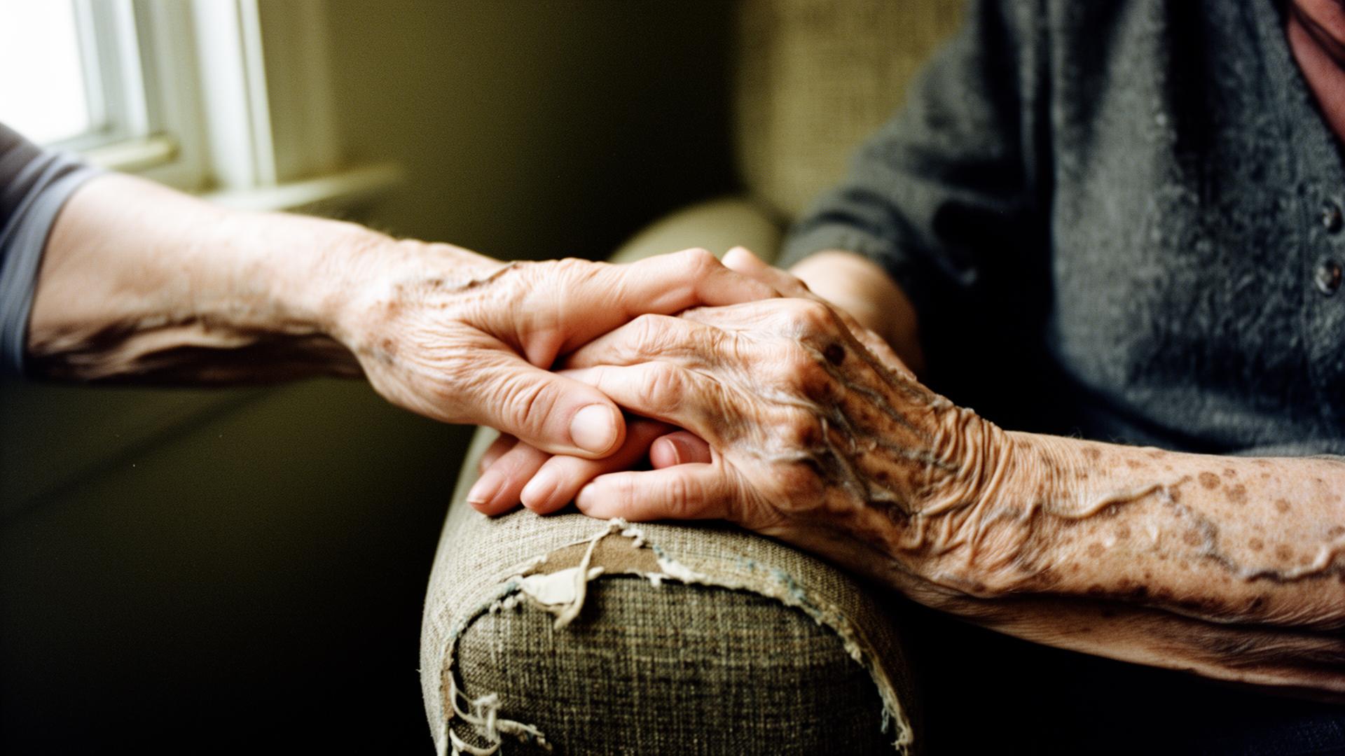 An adult daughter's hand resting gently on her mother's hand