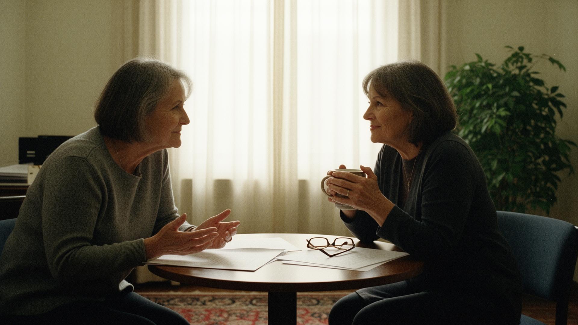 Two women at a small table mid-conversation in a sunlit office, one listening with a mug of tea