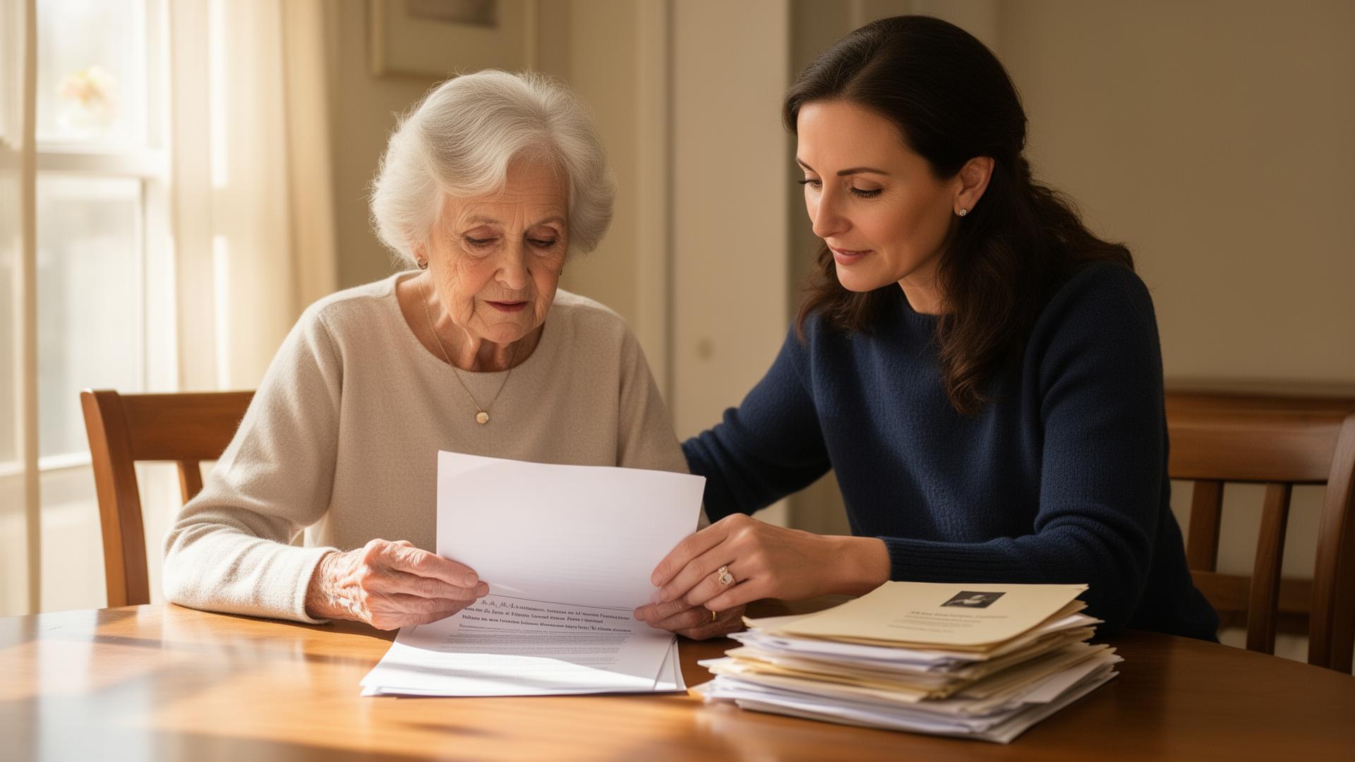 An adult daughter sits beside her elderly mother at a sunlit table, gently helping her review estate paperwork together