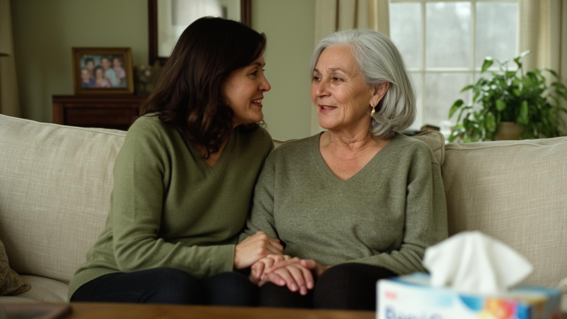 A mother and daughter sitting close on a sofa, offering quiet support