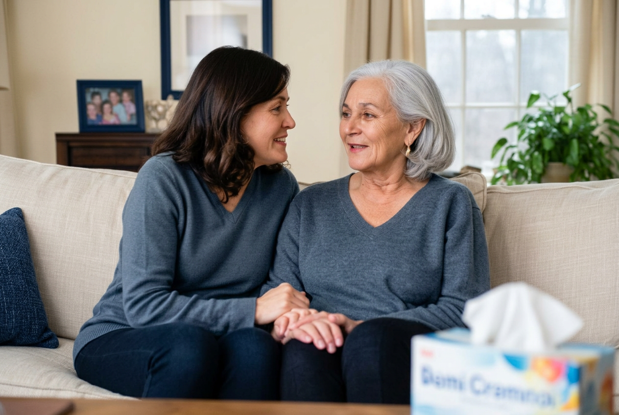 A mother and daughter sitting close on a sofa, offering quiet support