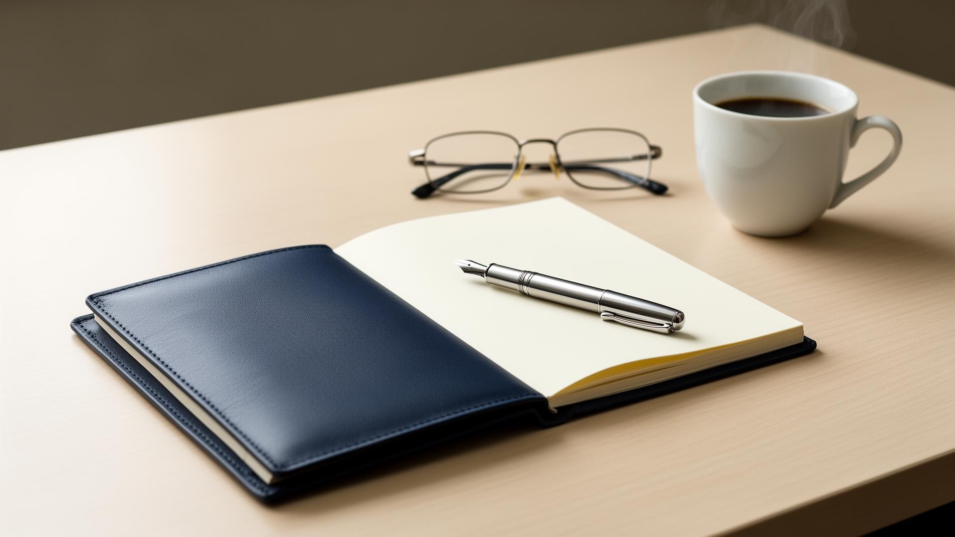 An open notebook with handwritten notes, a fountain pen, and a small cup of tea on a sunlit wooden desk