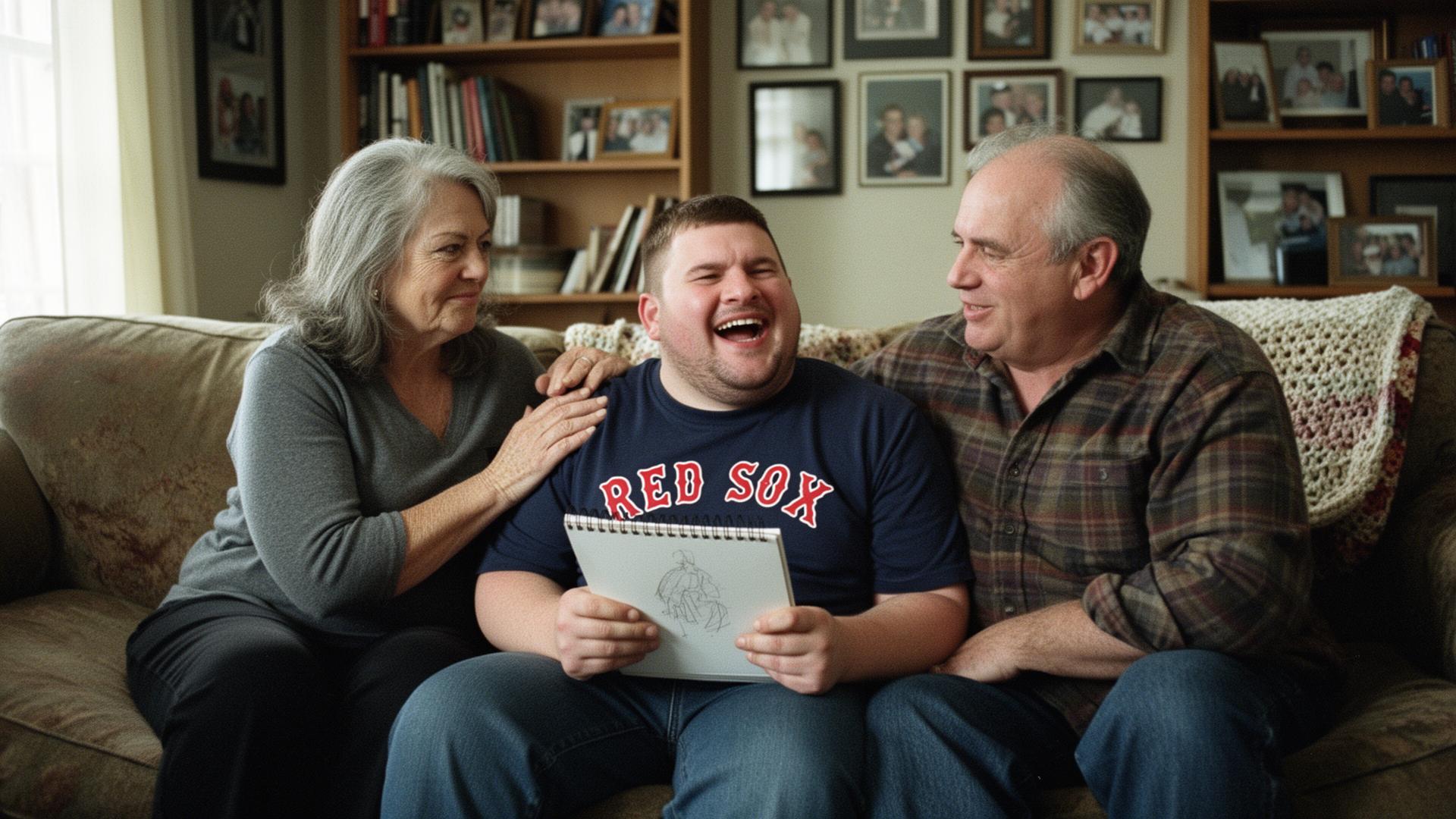 Parents at home with their adult son, sharing a warm moment together